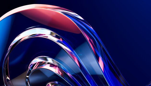 Fluid 3D glass arch creating a luminous blue wave