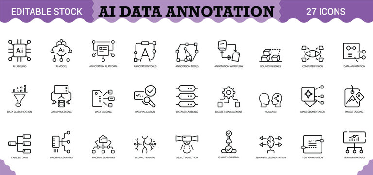 PrintAI Data Annotation Icon Set - 27 Editable Vector Icons for Machine Learning & Computer Vision. Includes data labeling, annotation tools, bounding boxes, image segmentation, object detection, neur