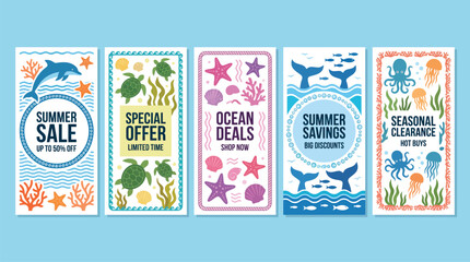 Five colorful ocean-themed promotional banners with summer sale, special offer, ocean deals, summer savings, and clearance text. © STCH