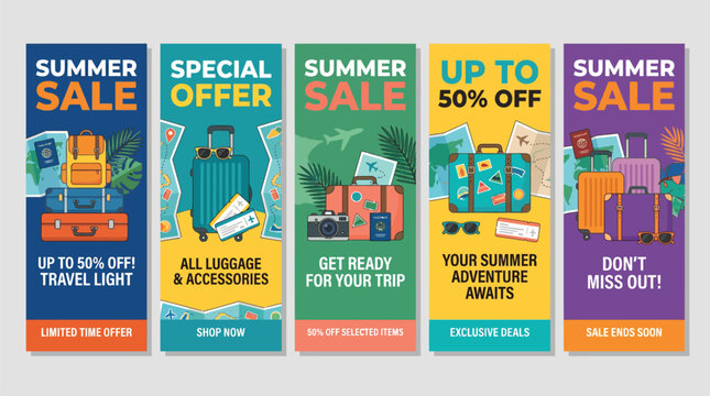 A collection of colorful 3d style summer sale travel promotion banners featuring luggage and vacation items