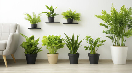 Fototapeta premium Minimalist living room design featuring various indoor plants in stylish pots, creating fresh and vibrant atmosphere