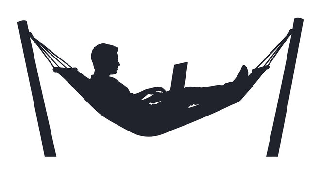 Man Relaxing In Hammock With Laptop Black Silhouette On White Background
