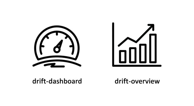 Business performance icons representing data drift dashboard and analytics overview with speedometer and graph analytics dashboard performance speedometer business financial analysis