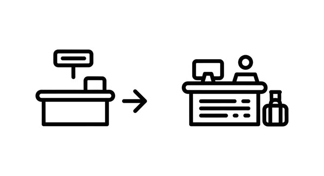 Airport check-in counter and reception desk icon set with check in check-in reception business passenger employee computer departure minimalist illustration communication customer