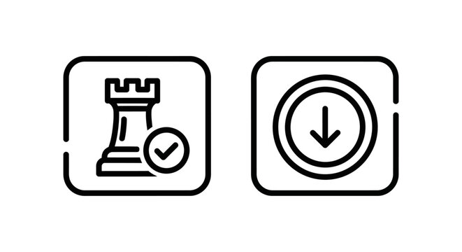 Chess piece strategy and downward arrow weight save icons with strategy business optimization management reduction interface planning performance efficiency decision