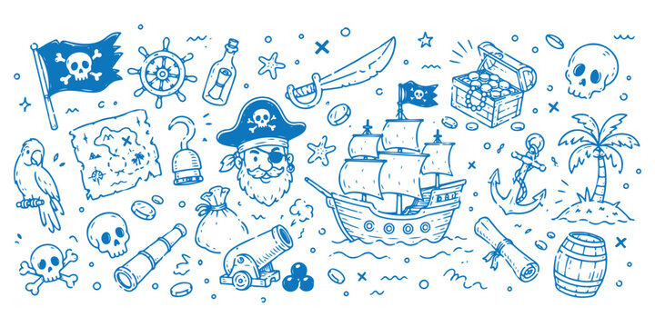 Pirate adventure icon set with lighthouse, treasure map, skull flags, cannon, telescope, parrot, palm trees, and nautical elements in colorful vector style. Pirate Adventure Doodle Line
