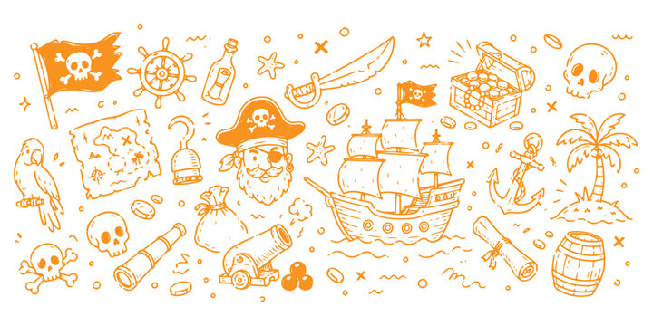 Pirate adventure icon set with lighthouse, treasure map, skull flags, cannon, telescope, parrot, palm trees, and nautical elements in colorful vector style. Pirate Adventure Doodle Line