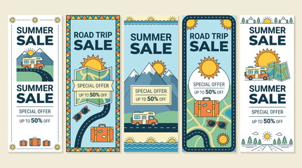 Naklejka premium A collection of various colorful summer sale and road trip sale banners are displayed, 3d style.