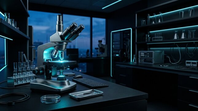 Modern microscope glowing in a high-tech laboratory at night.