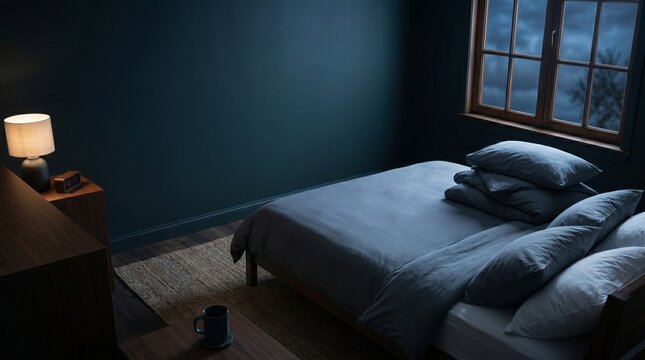 Cozy dark bedroom interior with made bed and glowing nightstand lamp.