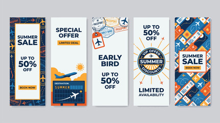 A collection of travel themed vertical banner designs for summer sales and special offers 3d style. © STCH