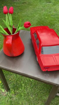 Red Tulips in Red Vase Next to Red Car