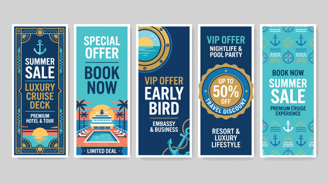 Nautical summer sale banner set, luxury cruise ship promotion templates, vintage maritime travel flyers with anchor and ocean icons