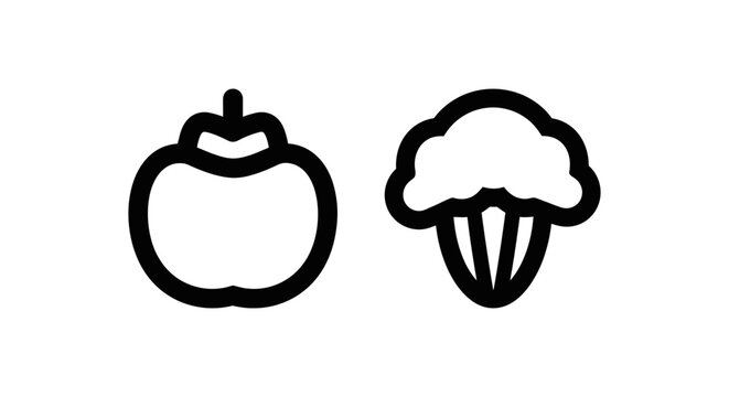 Minimalist outline icons of a persimmon fruit and a head of broccoli vegetables with persimmon broccoli vegetable nutrition vegetarian monochrome minimalist agriculture ingredient