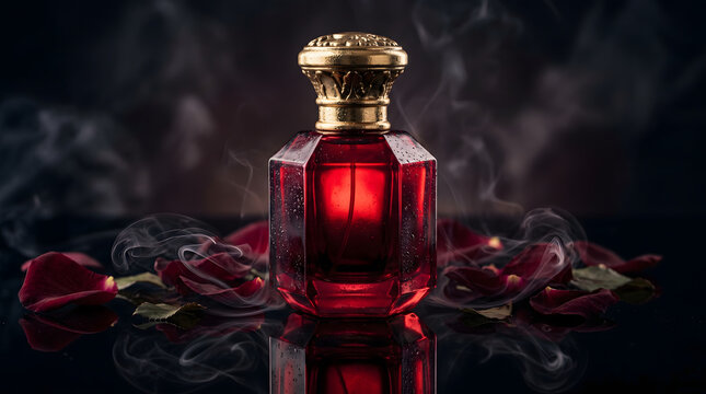 Elegant ruby red glass perfume bottle with an ornate golden cap, surrounded by mystical smoke and scattered rose petals on a dark reflective surface.