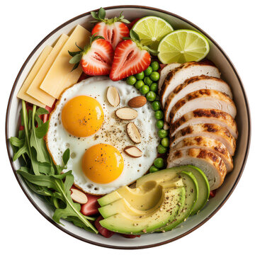 Nutritious breakfast bowl with fried eggs, grilled chicken, sliced avocado, strawberries, lime, cheese, and... isolated on a transparent background