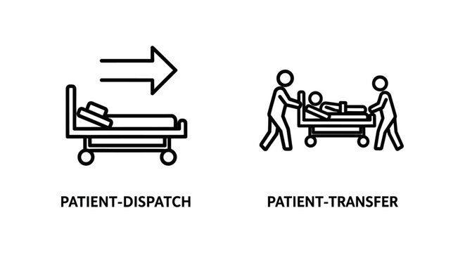 Patient dispatch and patient transfer medical icons set with dispatch transfer hospital stretcher emergency transport treatment ambulance movement clinical personnel assistance