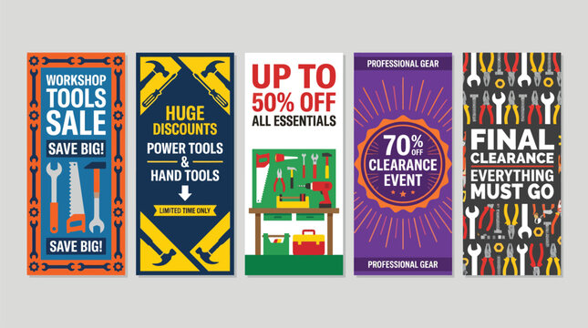 Industrial workshop tools sale banner set, hardware store clearance event posters, professional power tools and hand tools promotion flyers