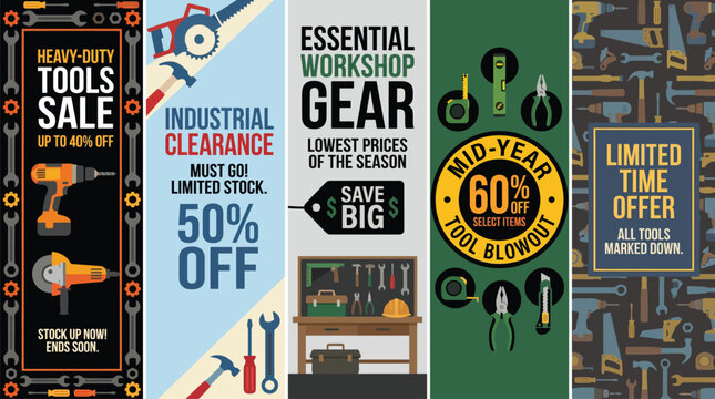 Industrial hardware tool sale banners, set of 5 vertical workshop gear posters, construction equipment clearance flyers with power tools and hand tools
