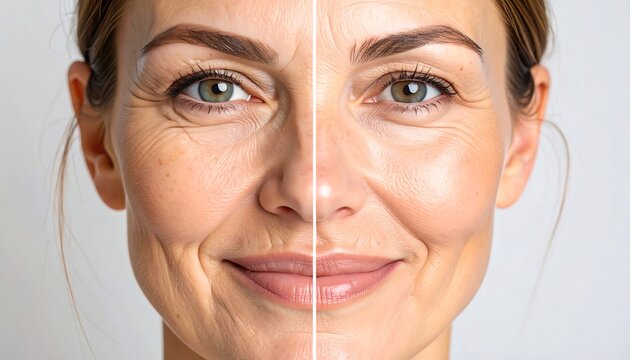 Woman's face split into aged and smoothed skin, showcasing aging changes like wrinkles and pigmentation