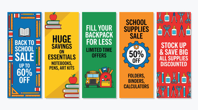 Back to school sale banners offering discounts on stationery and school supplies