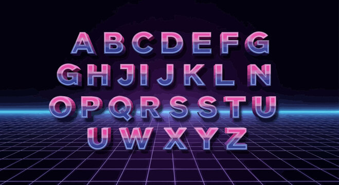Retro Neon Alphabet Letters in 80s Grid Landscape