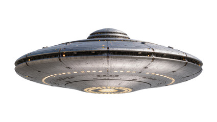 Futuristic metallic flying saucer with glowing lights © Alaric