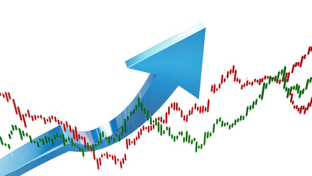 Blue arrow pointing up over stock market candlestick charts