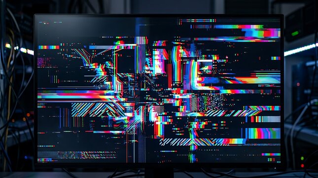 Glitchy screen with colorful digital distortion.