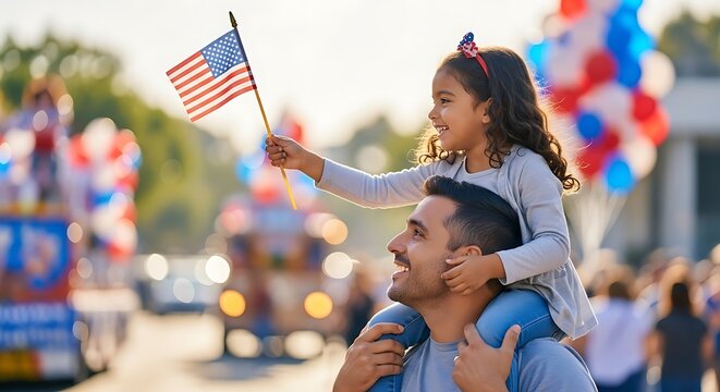 Child on father's shoulders waving US flag at parade.
