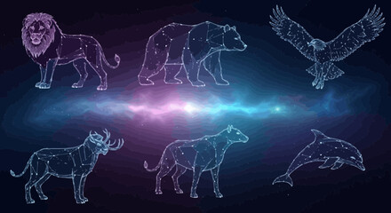 Stylized vector illustration featuring multiple wildlife animals designed as glowing star constellations against a deep blue swirling galaxy nebula background