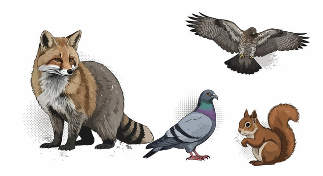 Detailed vector graphic illustration showcasing a curious fox a flying hawk a standing pigeon and a small brown garden squirrel