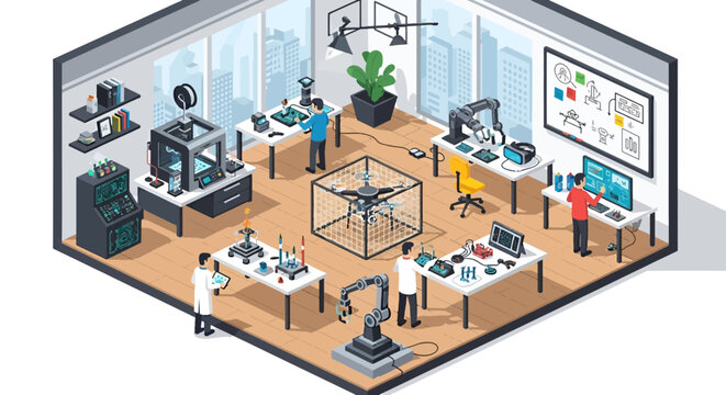 Isometric laboratory makerspace with 3D printers and robots.