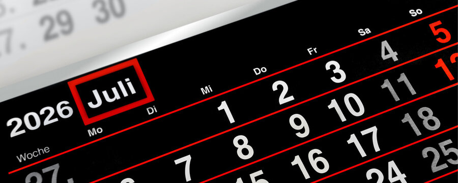Deutscher Kalender Monat Juli  2026 rot schwarz