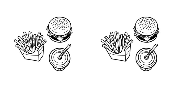 Burger, Fries, and Soda Meal Combo Icons with Monochrome Line Art, Including Fast Food Items and Accessories