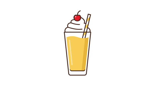 Vector orange milkshake, whipped cream, cherry, straw, dessert icon