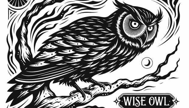 Very beautiful black-and-white engraved vector illustration featuring a WISE OWL resting on a twisted tree branch at dusk, luminous eyes, intricate feather textures, dramatic linework, symbolizing wis