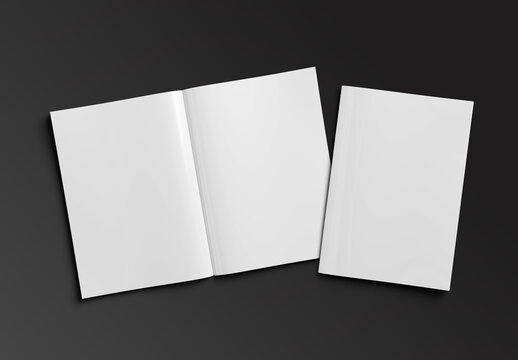 Magazine cover and open magazine mockup on isolated black background. 3D rendering