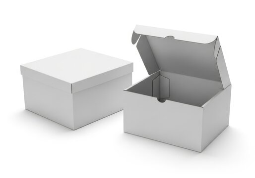 Blank white cardboard boxes closed and open product mockup presentation