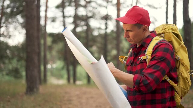 Hiker reading map in pine forest. Man with backpack studies map and looks around. Traveler navigates trail among tall pines. Hiker searches for direction. Backpacker checks navigation map.