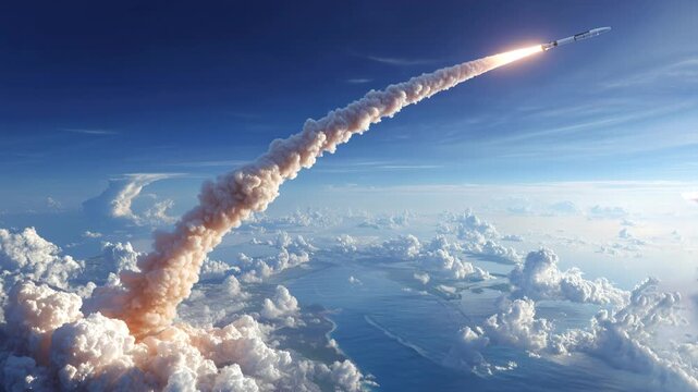 Rocket launches into sky with thick smoke trail over clouds Generative AI