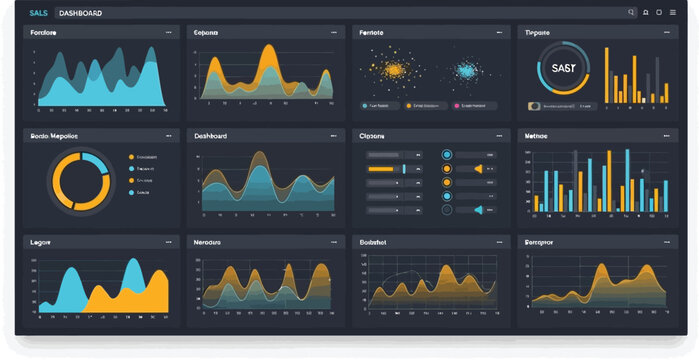 Dark mode dashboard features colorful area charts and statistical metrics organized for modern business intelligence software applications.