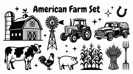 american farm icon set collection with agricultural tools animals crops barn tractor and rural countryside elements representing traditional farming lifestyle © Ethan