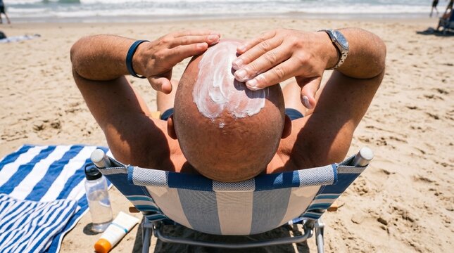 Close-up of a man applying white sunscreen to his bald head while relaxing in a beach chair, summer self-care, sun protection for scalp.