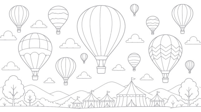 Numerous hot air balloons float above a landscape with tents and trees