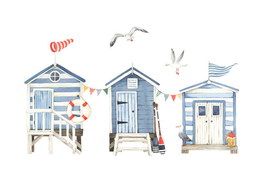 Watercolor blue beach huts, flying seagulls and design elements. Isolated summer illustration with set of sea symbols sport, hobbies and leisure on nature. Hand-drawn print for poster, cards or banner
