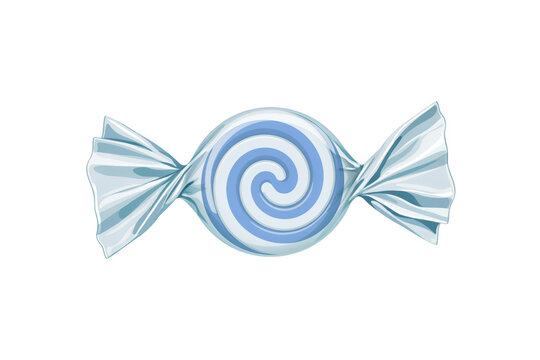 Single wrapped hard candy with a blue and white spiral pattern and twisted plastic ends isolated on a transparent background