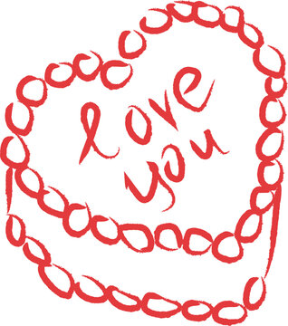Hand-drawn heart shaped vintage cake with love you text frosting isolated on white background. A whimsical brush stroke dessert illustration for Valentine's Day, weddings, and romantic surprises.