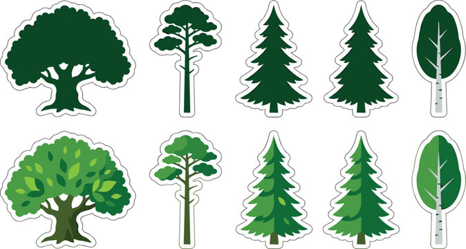 Green tree sticker vector set featuring dark silhouettes and flat cartoon illustrations of oak, pine, fir, spruce, and white birch trees with white outlines.