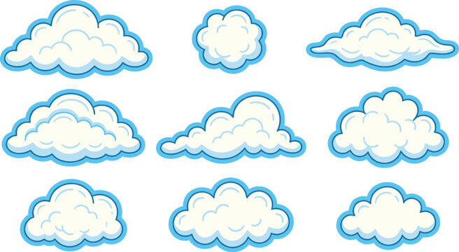 Cartoon fluffy clouds vector set with blue outline shapes for cute weather forecast icons, children book illustration background, and sky design elements